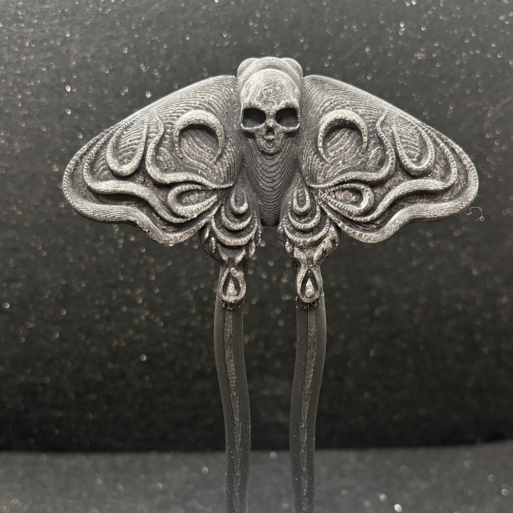 Skull Moth Hair Pin | Matte Black Gothic Hair Pin | Fantasy - Picture 3 of 6